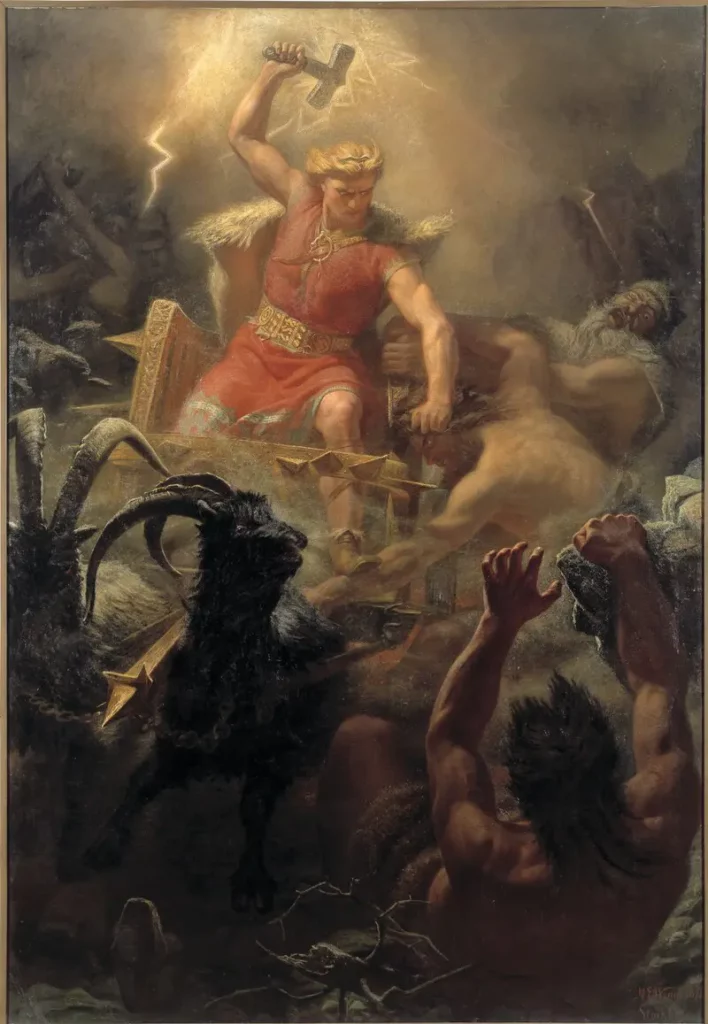 Thor walczący z gigantami, Mårten Eskil Winge, 1872 r. Domena publiczna.
